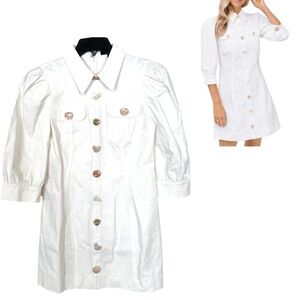 En Saison Dress White Puff Sleeve Mini Shirt Dress Button Front Womens Size M